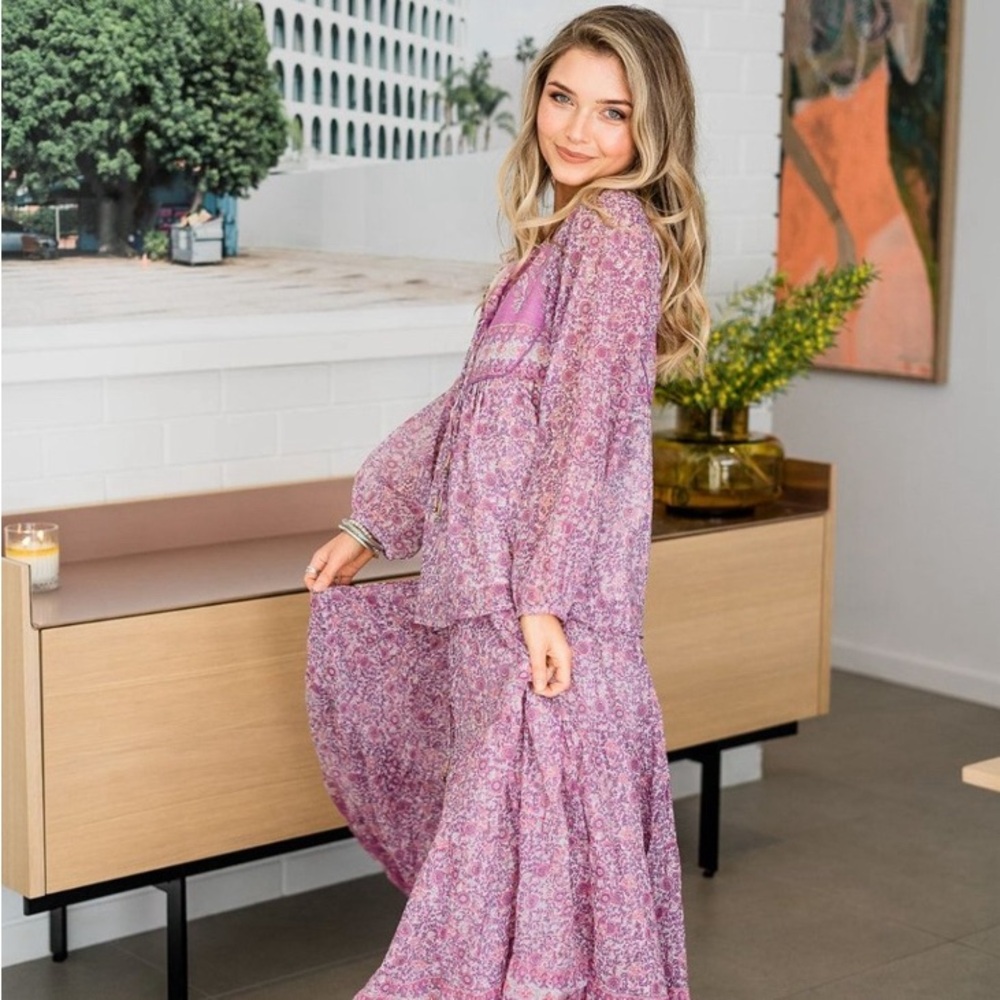 Cotton Floral Pink & Purple Flowy Top & Maxi Skirt SET.